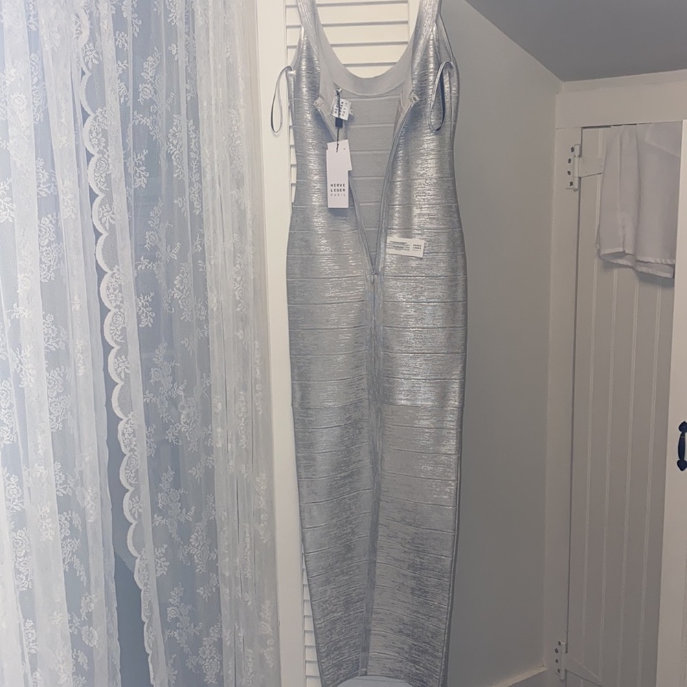 NWT Silver Foil Herve Leger Long Cocktail Dress - Picture 12 of 13